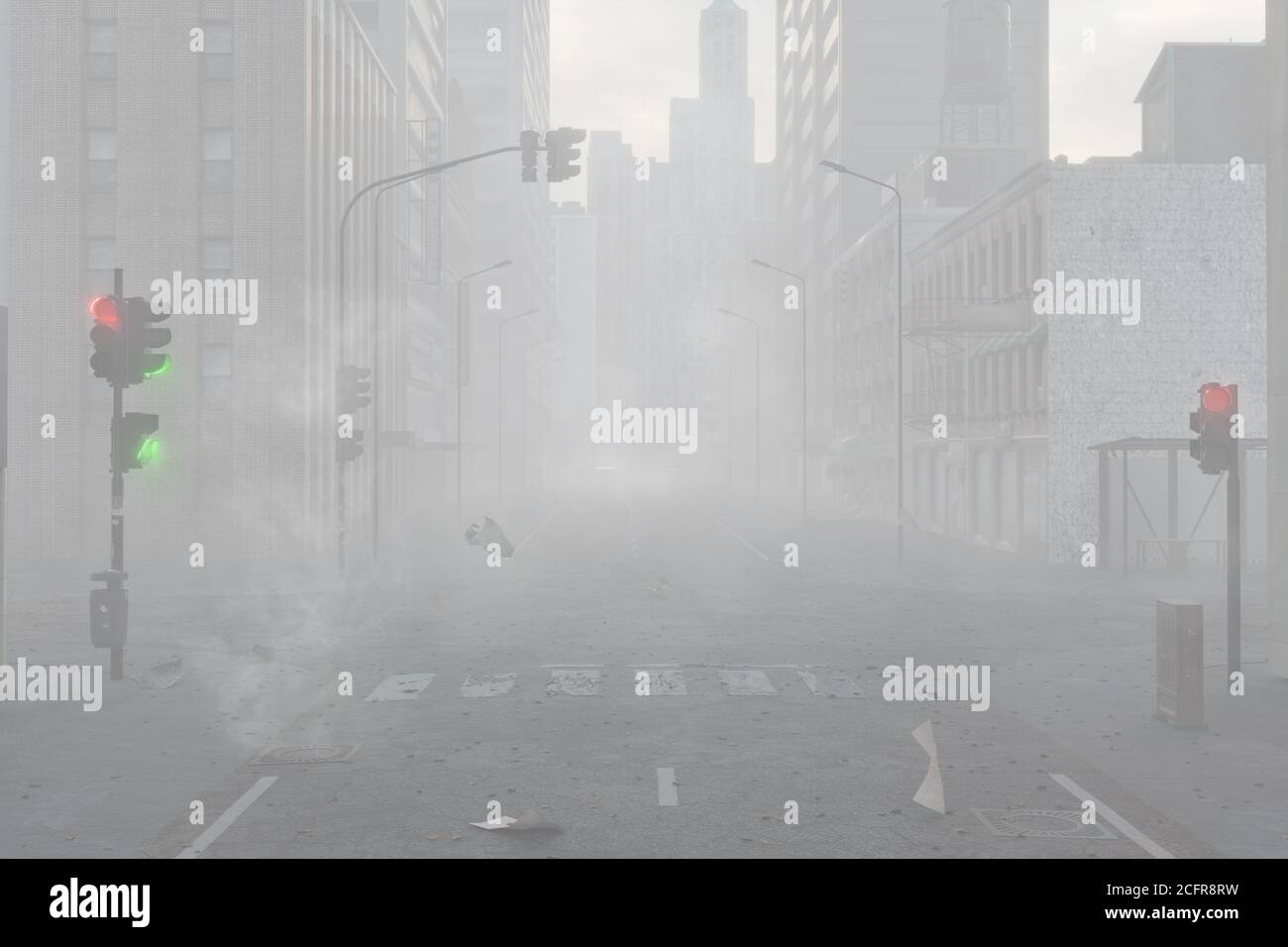 3d rendering of urban foggy city with illuminated traffic lights and pedestrian crossing Stock Photo