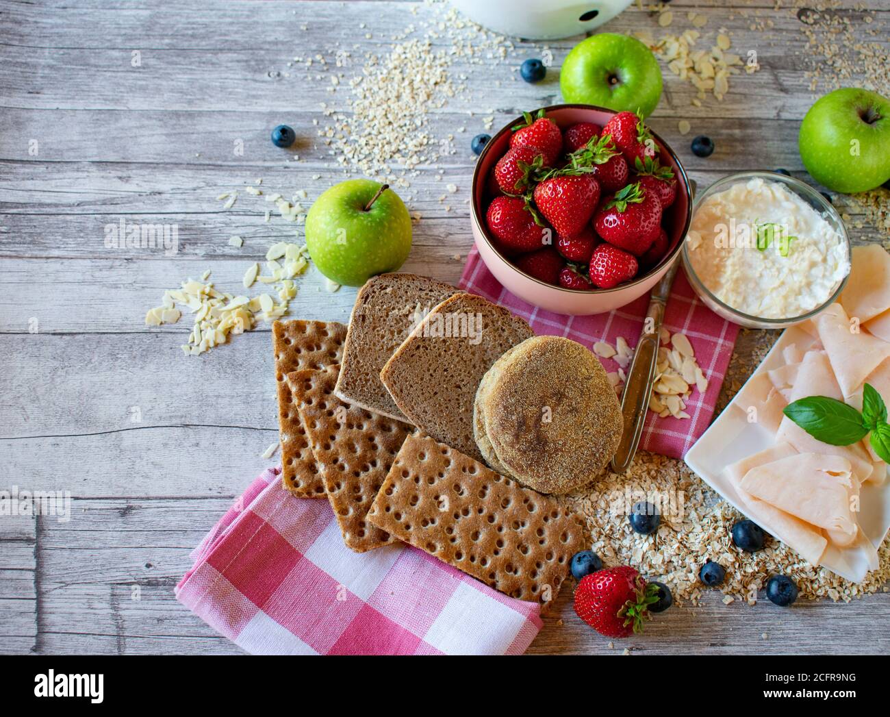 healthy breakfast ingredients carbohydrates, protein , vitamins Stock Photo