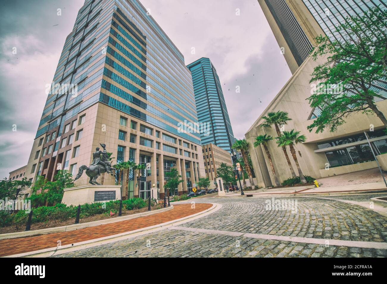 JACKSONVILLE, FL - APRIL 8, 2018: City skyscrapers from independent Drive on a cloudy day. Stock Photo