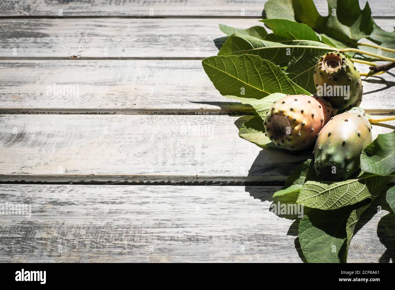 prickly pears nicely arranged on a white shabby chic wooden table with fig leaves, flat lay Stock Photo