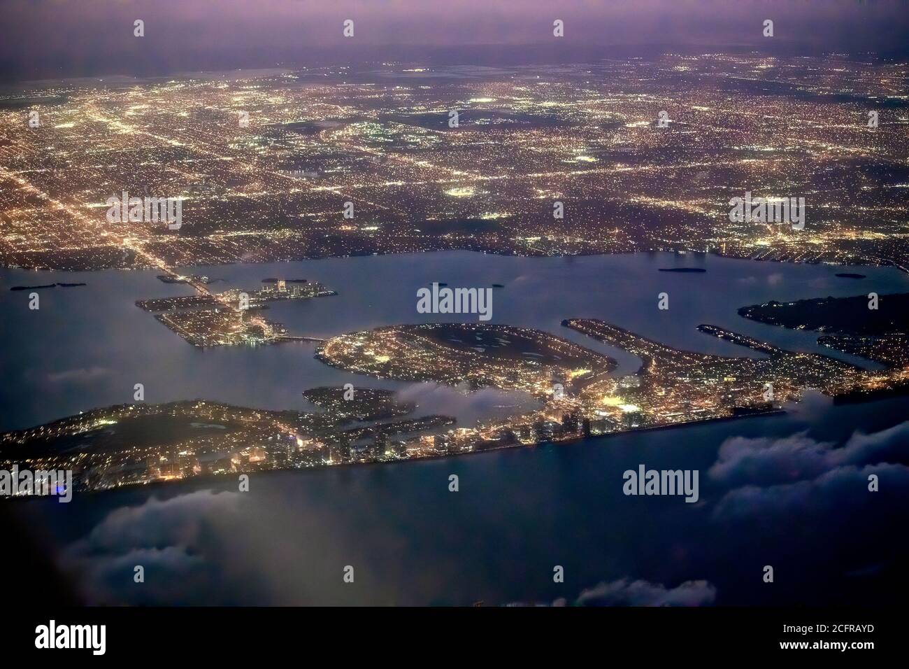 Night aerial view of Normandy Isles and North Bay Village in Miami