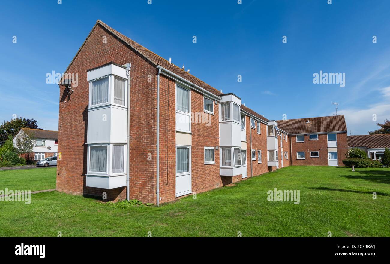 Mountbatten Court, Arun council managed retirement home (sheltered housing) flats built in 1980 in Ensign Way, Littlehampton, West Sussex, England, UK Stock Photo