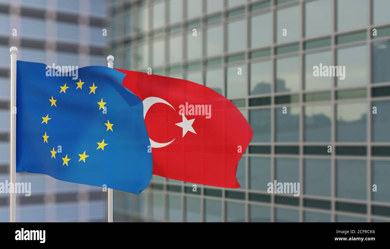 Political relationships. European, NATO and Turkish Flag divided  diagonally. Partnership and conflicts. 3D Render illustration Stock Photo -  Alamy