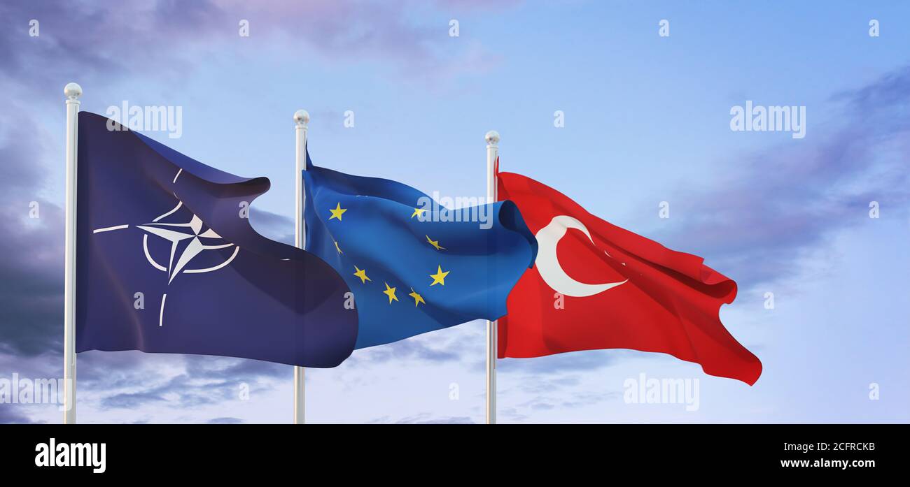 Political relationships. European, NATO and Turkish Flag divided