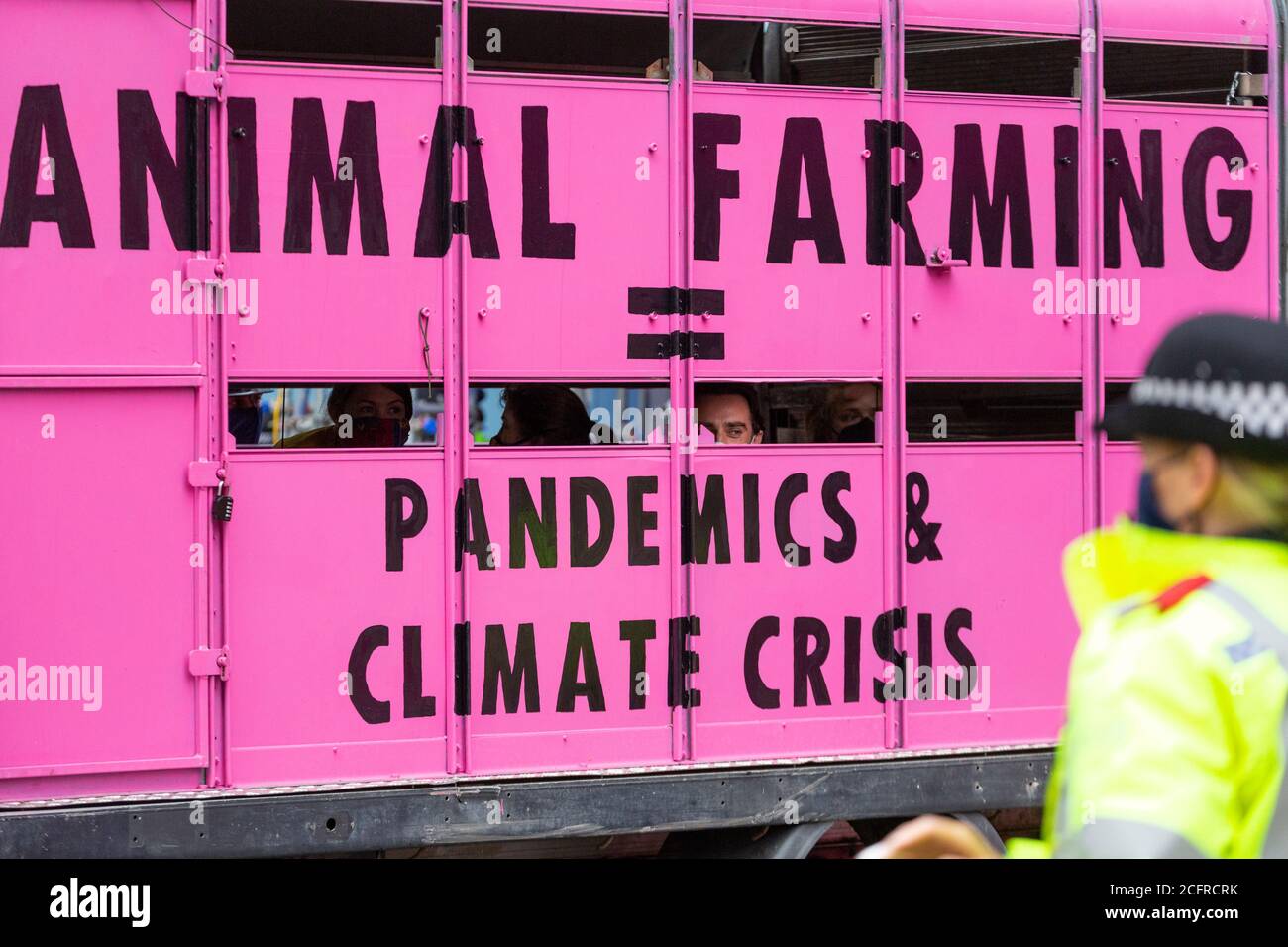 Animal Rebellion road block with slaughterhouse truck outside Department of Health and Social Care, London, 3 September 2020 Stock Photo