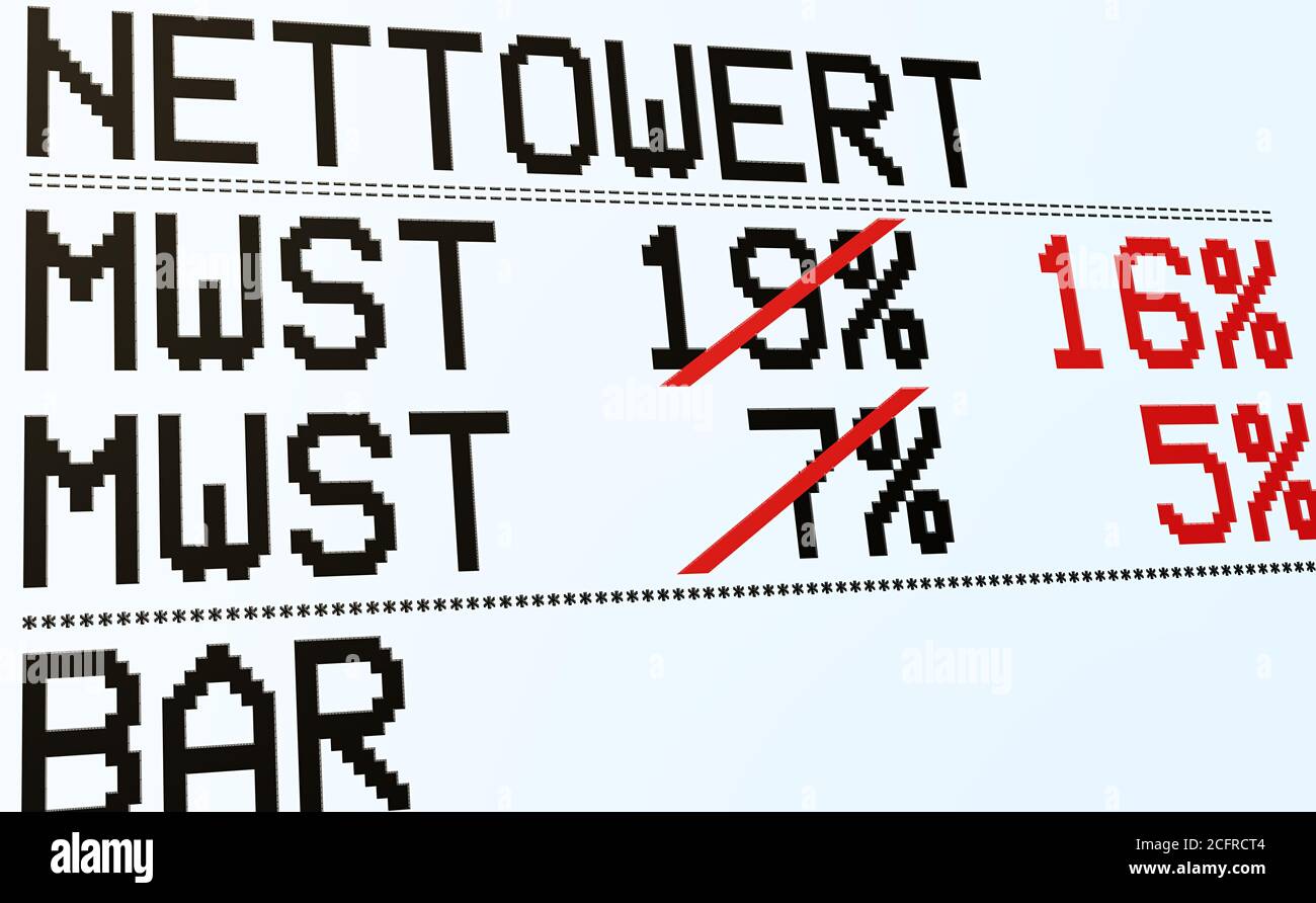 Duty and taxes. German tax cut on value-added tax (VAT). Receipt or invoice. Value, VAT and amount (in German). Stock Photo