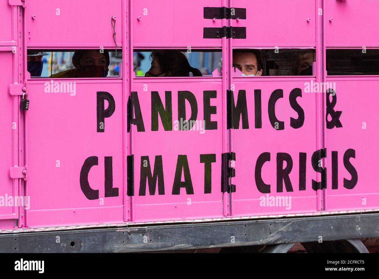 Animal Rebellion road block with slaughterhouse truck outside Department of Health and Social Care, London, 3 September 2020 Stock Photo