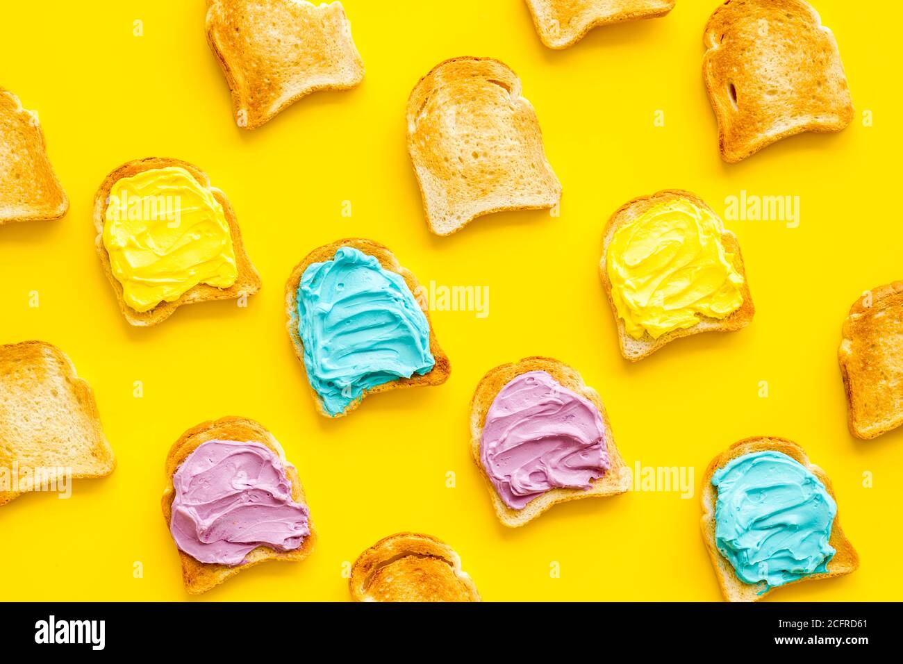 Variety spreads on bread slices. Layout top view Stock Photo