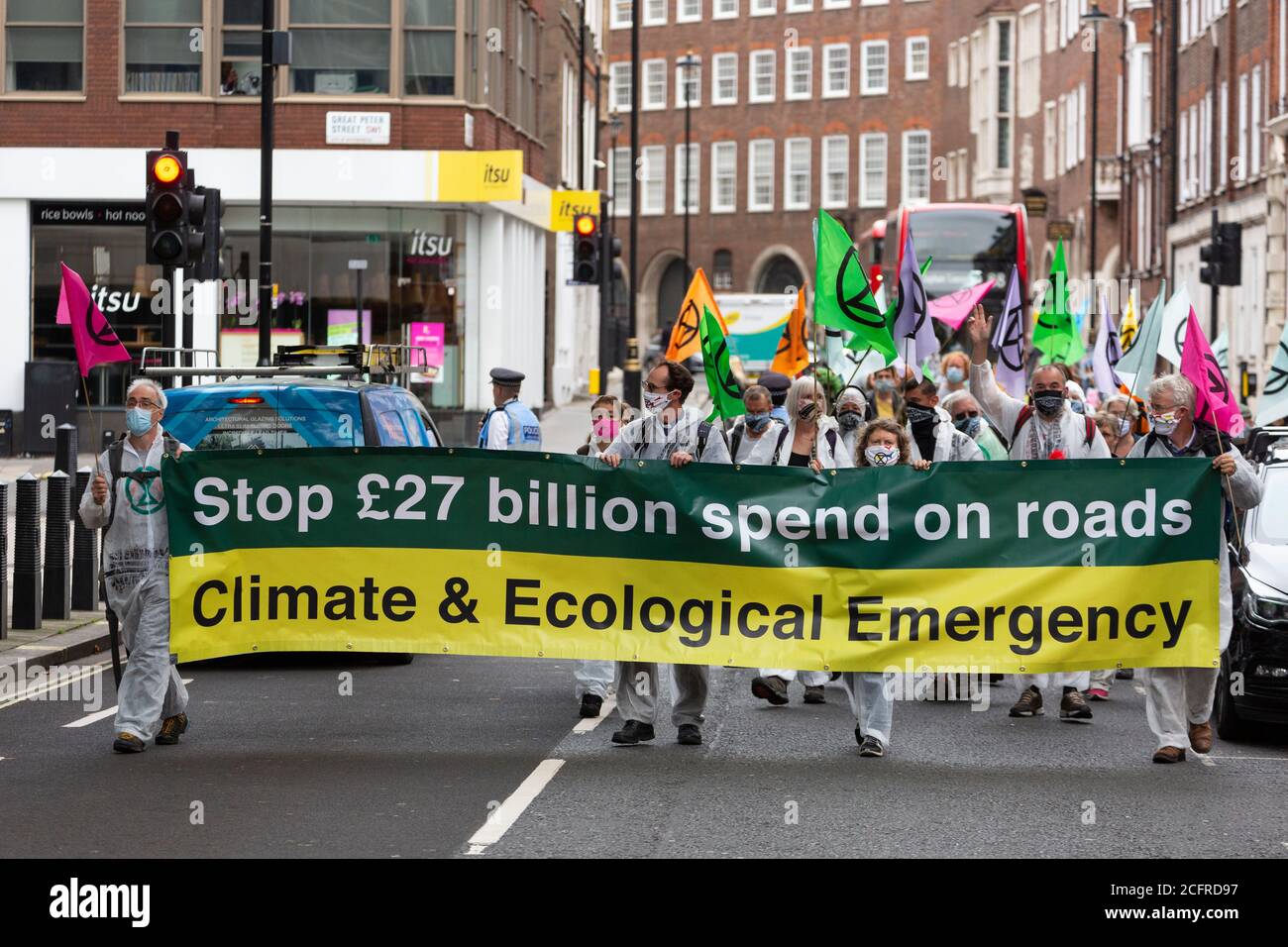 Extinction Rebellion protesters march to the Department for Transport, London, 3 September 2020 Stock Photo