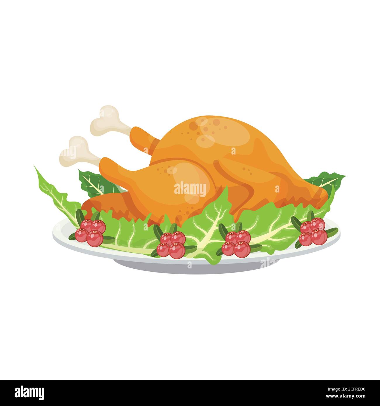 Cartoon fried turkey traditional Thanksgiving day family dinner dish with cranberries and salad leaves garnish. vector illustration. Stock Vector