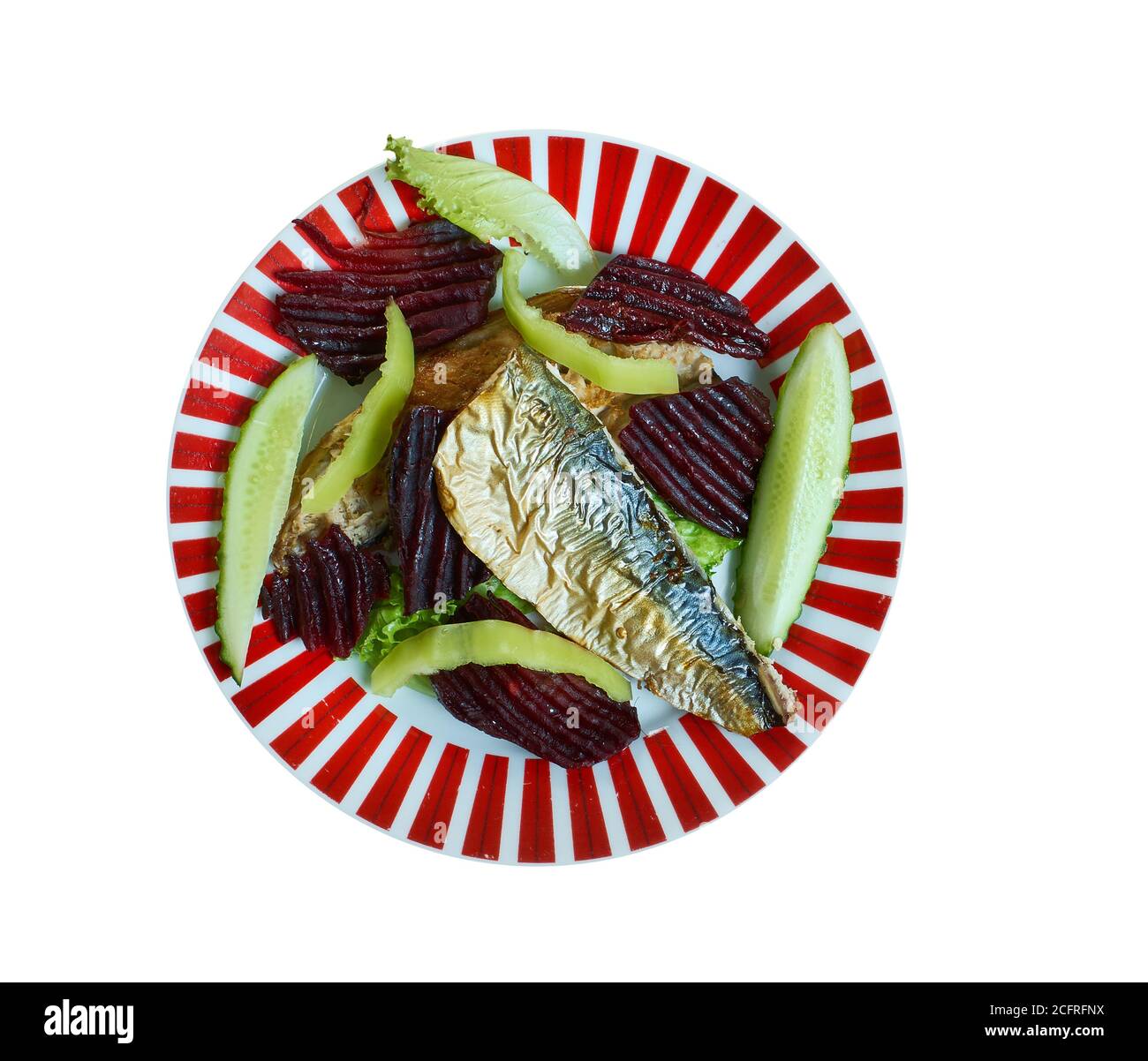 Pan fried mackerel fillets with beetroot close up Stock Photo