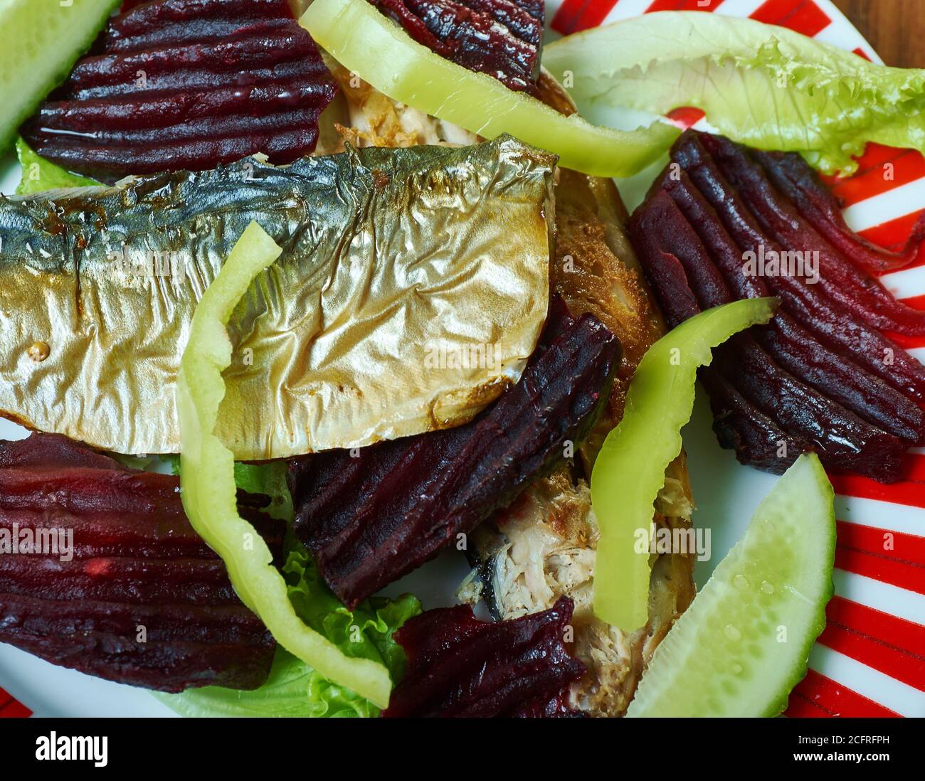 Pan fried mackerel fillets with beetroot close up Stock Photo Alamy