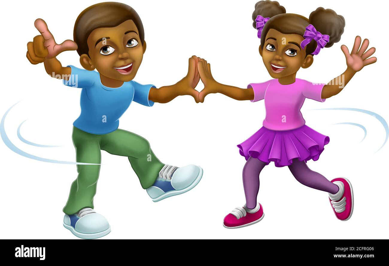 Black Girl And Boy Cartoon Kid Children Dancing Stock Vector