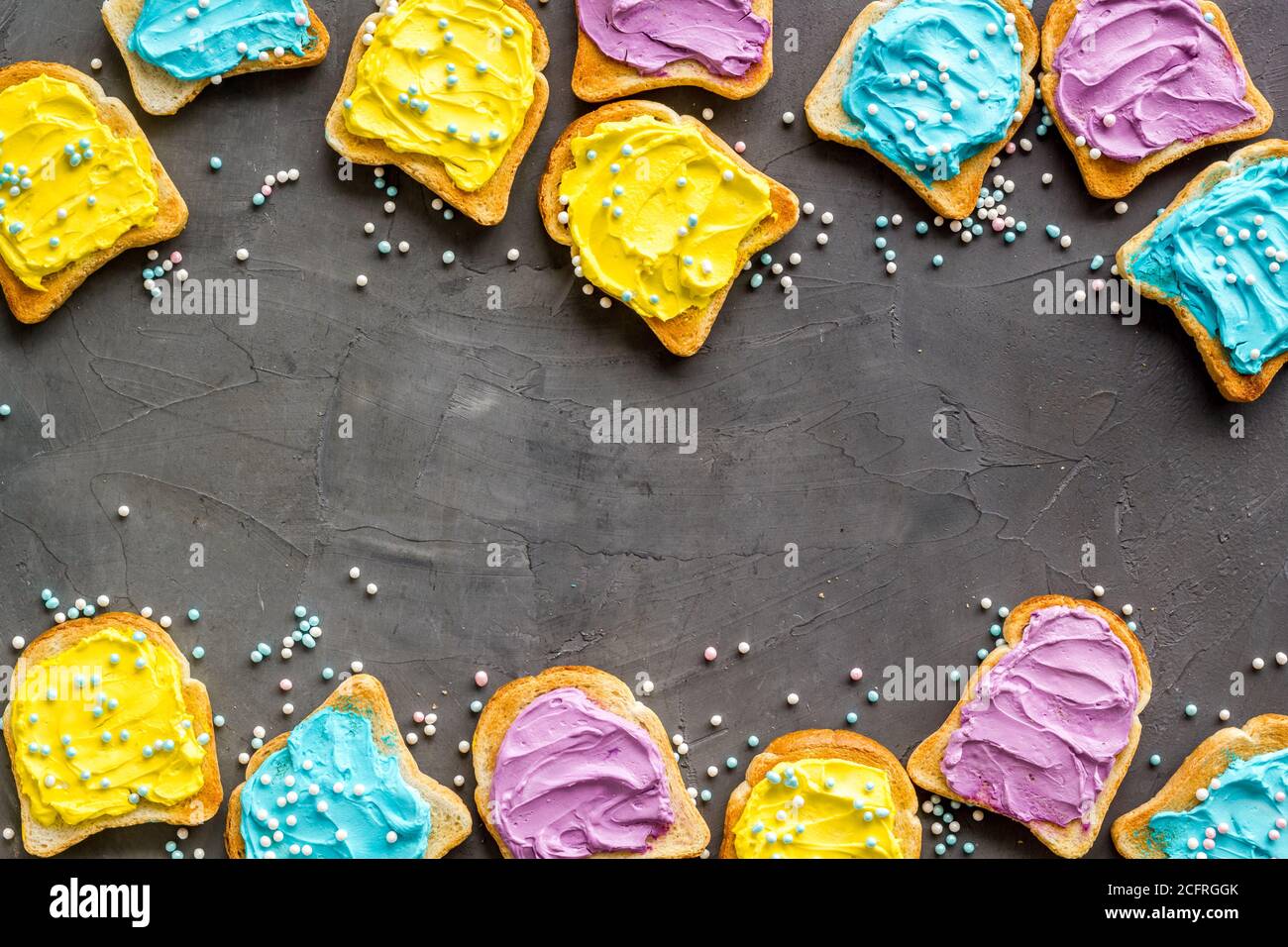Variety spreads on bread slices. Layout top view Stock Photo