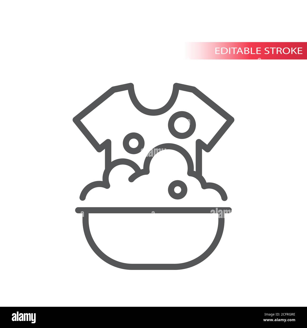 Hand washing thin line vector icon. T-shirt in basin or sink with soap bubbles outline symbol, editable stroke. Stock Vector