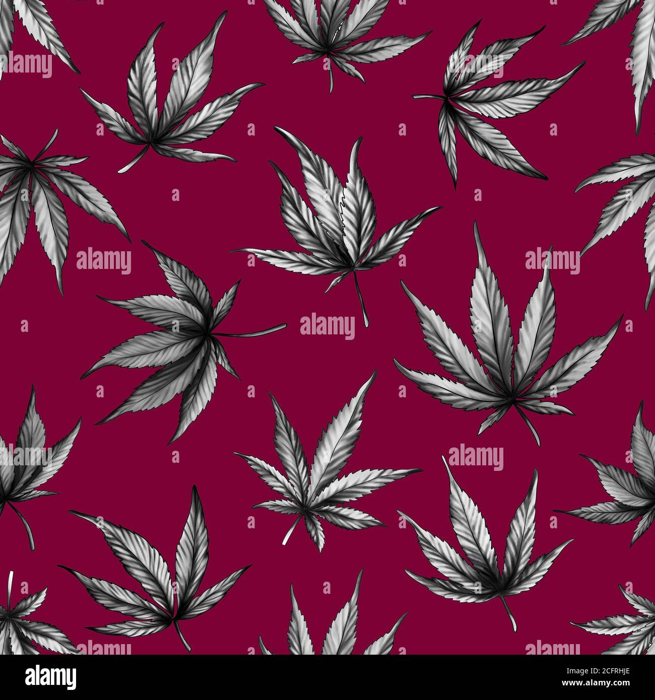 Seamless pattern of grey hemp on a black background. ganja. Marijuana pattern on red background.Hand-drawn illustration Stock Photo