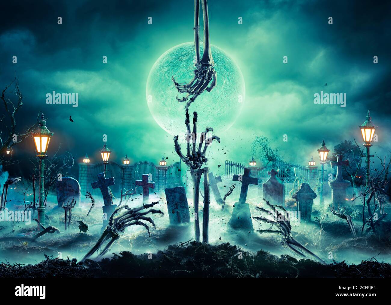 Zombie Hands Rising In In Dark Halloween Night Cemetery With Full