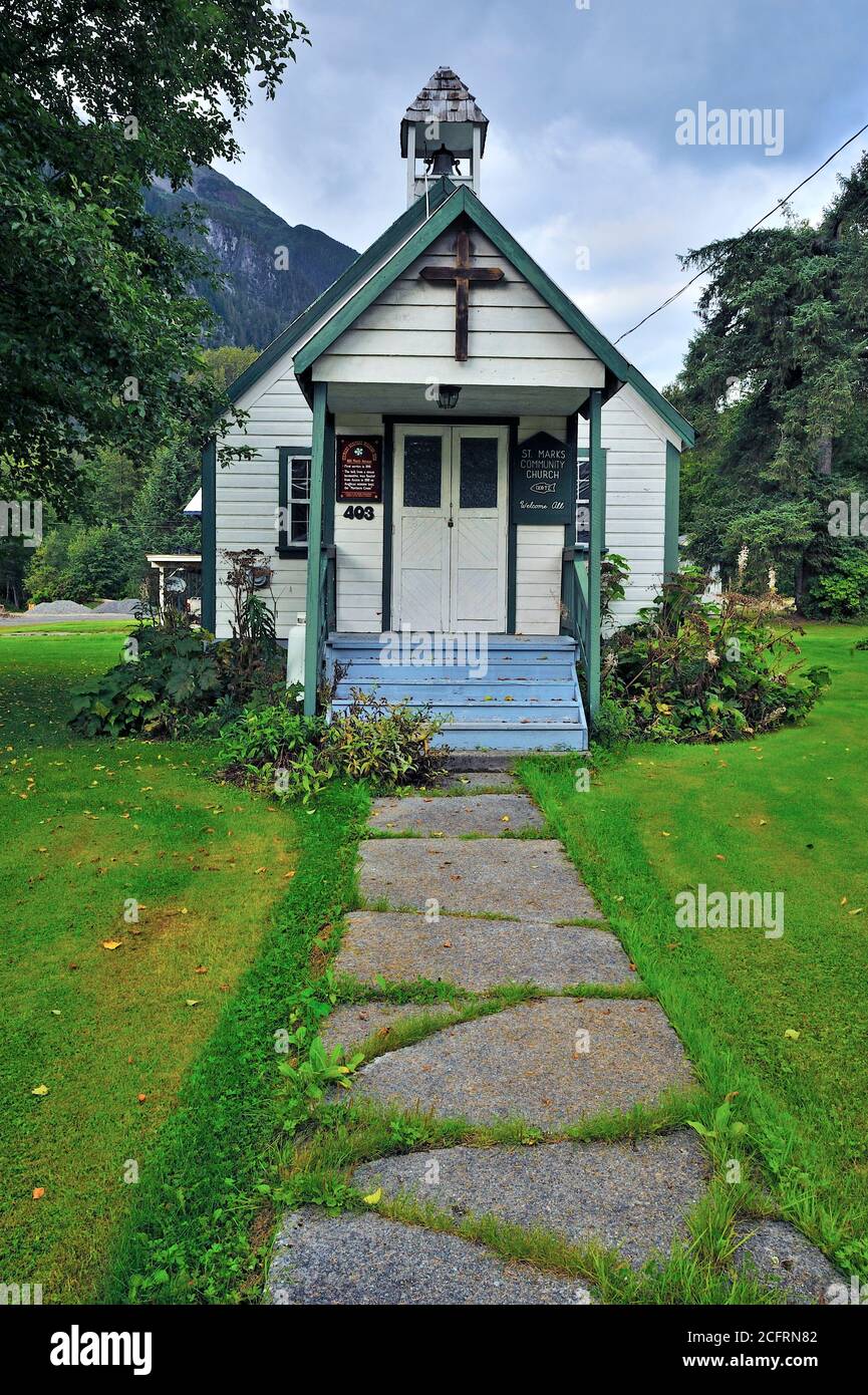 A vertical front door view of the vintage church located in Stewart in