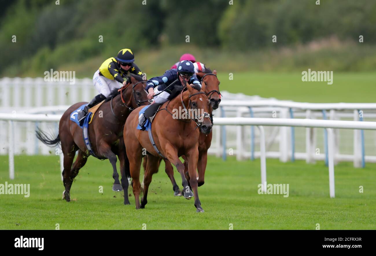 Tis Marvellous ridden by Adam Kirby coming home to win the EBF Stallions Prestwold Conditions Stakes at Leicester Racecourse. Stock Photo