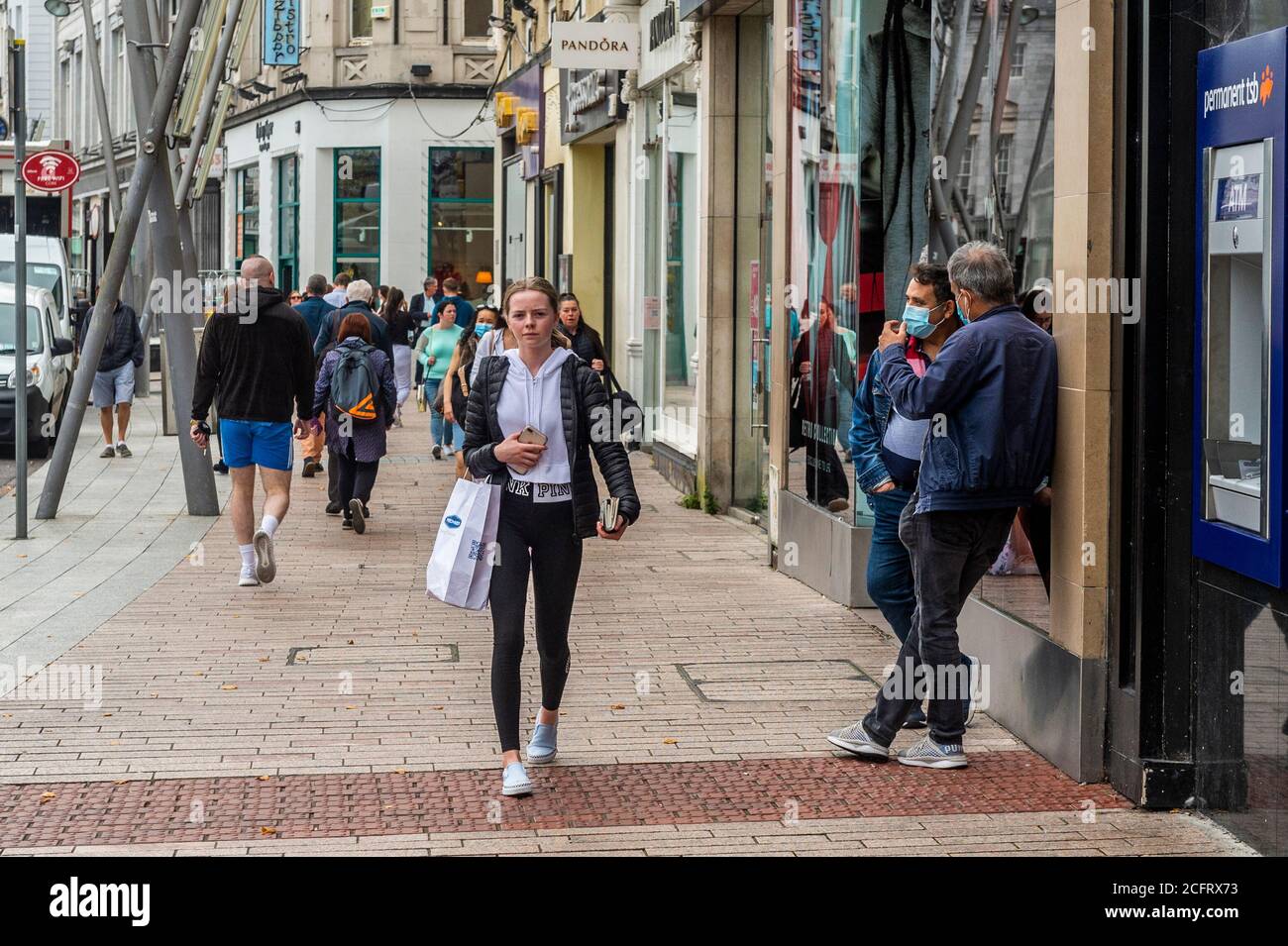 Cork, Ireland. 7th Sep, 2020. Many shoppers were walking the streets of Cork without face masks this morning, although some people were wearing masks. Tanaiste Leo Varadkar is under pressure to revel the date when so called 'wet pubs' can reopen, although that date has so far not been revealed. Credit: AG News/Alamy Live News Stock Photo