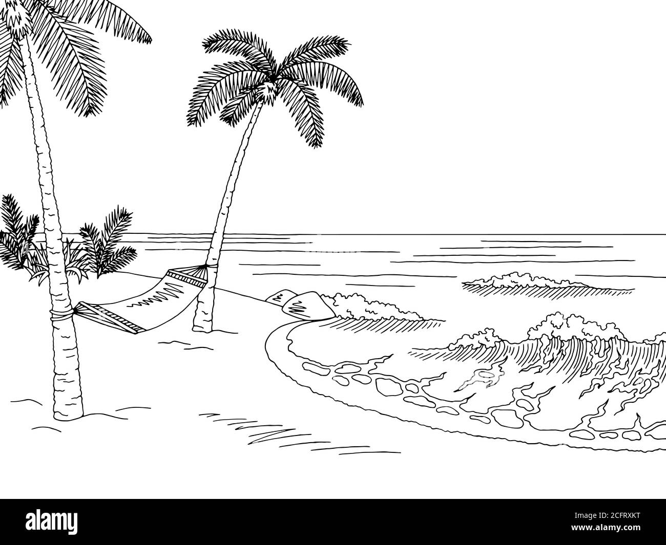 Sea coast hammock graphic black white landscape sketch illustration ...