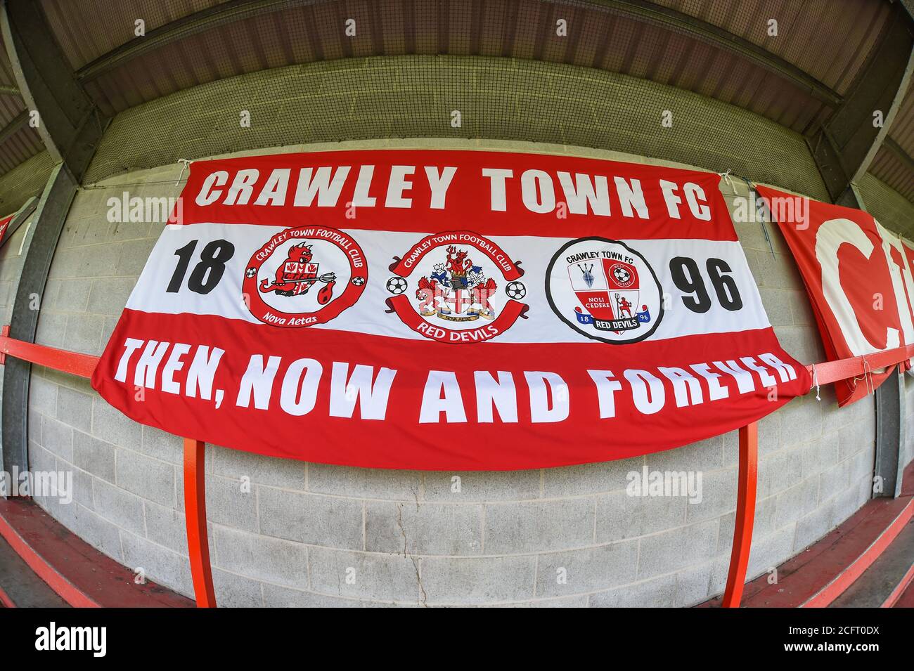 Banners at the home end of the Broadfield Stadium Stock Photo