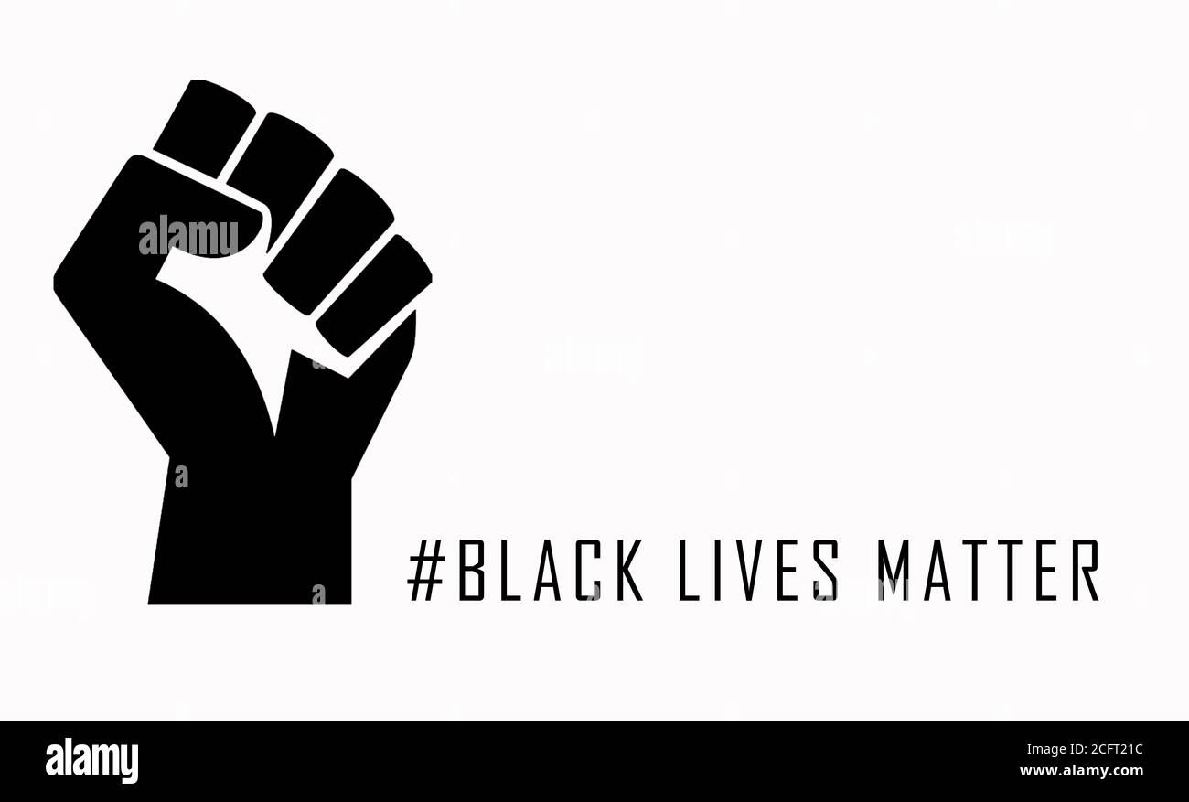 Black fist next to the hashtag with the text black lives matter, on a white background, as a symbol of the civil rights of African Americans. Concepts Stock Photo