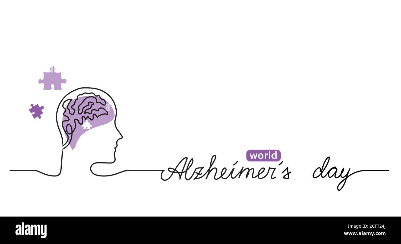 Alzheimer s day simple background, web banner, poster with brain and puzzle. One continuous line drawing background with lettering Alzheimer s day Stock Vector