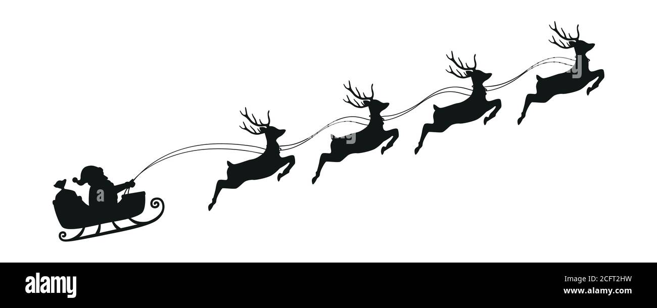 santa claus in a christmas sleigh with reindeer silhouette vector ...