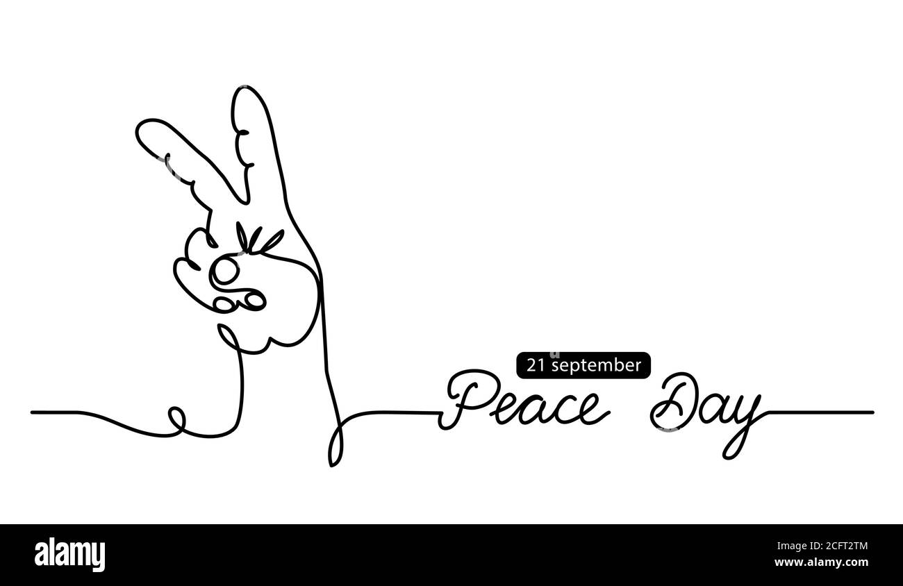 Fingers in peace sign simple vector background, web banner, poster. International Peace Day illustration for 21 th september. One continuous line Stock Vector