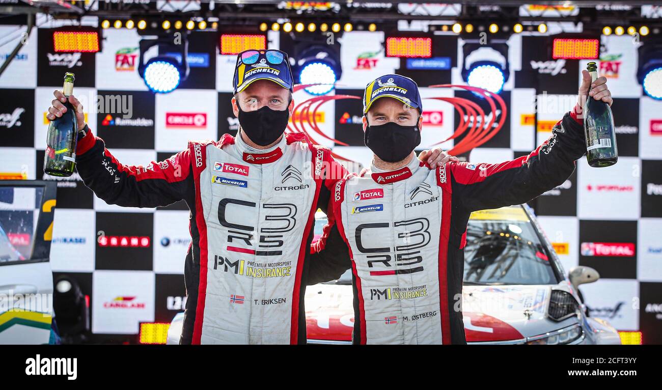 21 OSTBERG Mads (NOR), ERIKSEN Torstein (NOR), Citroen C3 R5, PH Sport WRC 2, podium during the 2020 Rally Estonia, 4th round of the 2020 FIA WRC Cham Stock Photo