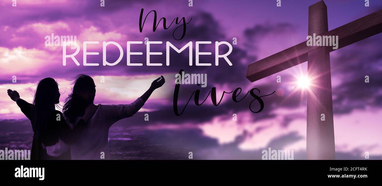 Christian worship and praise. Cross with sunset sky background. Easter. Women praying. My redeemer lives Stock Photo - Alamy Christian worship and praise. Cross with sunset sky background. Easter. Women praying. My redeemer lives Stock Photo - Alamy