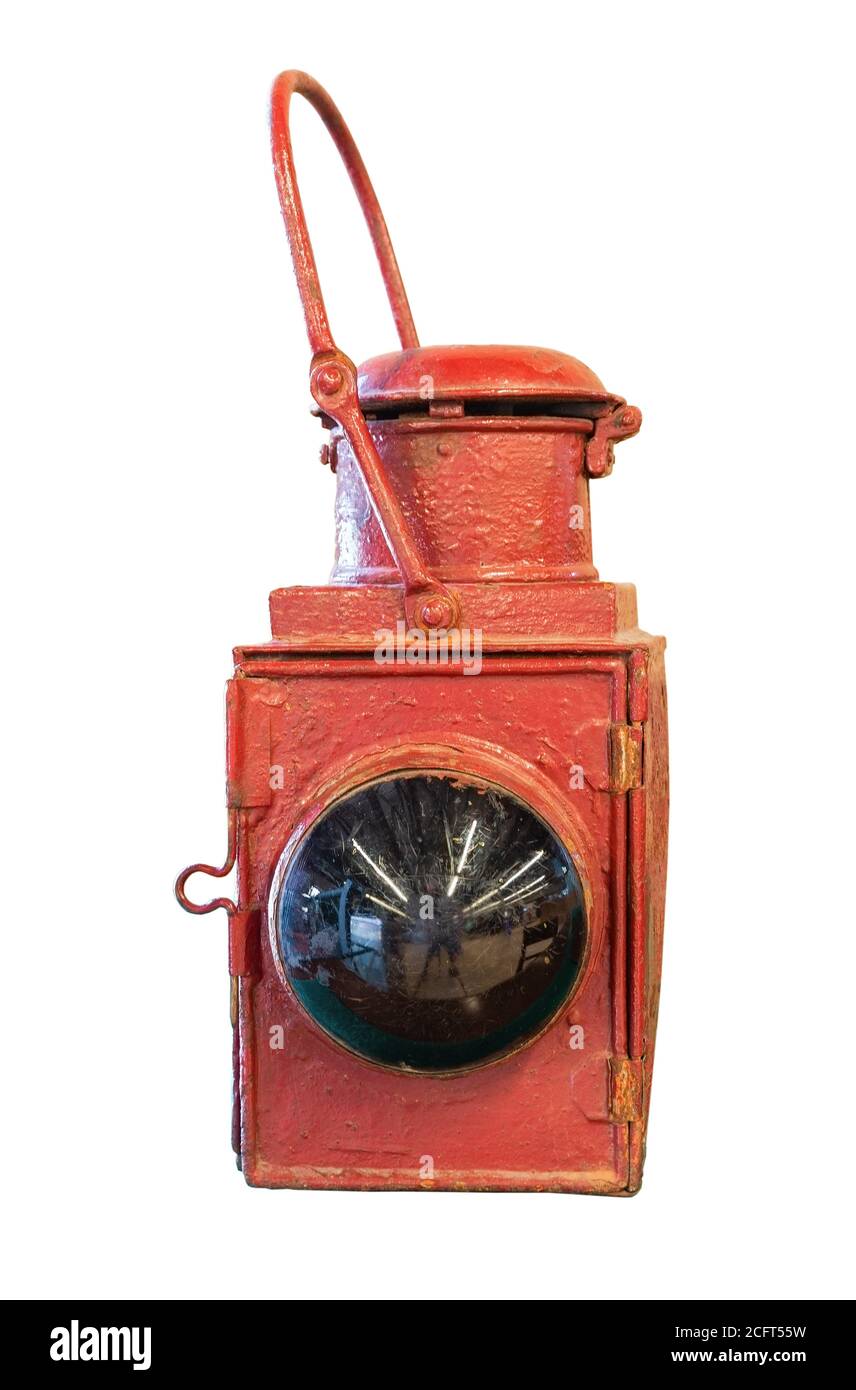 Old, red, railway lantern isolated on white background Stock Photo - Alamy