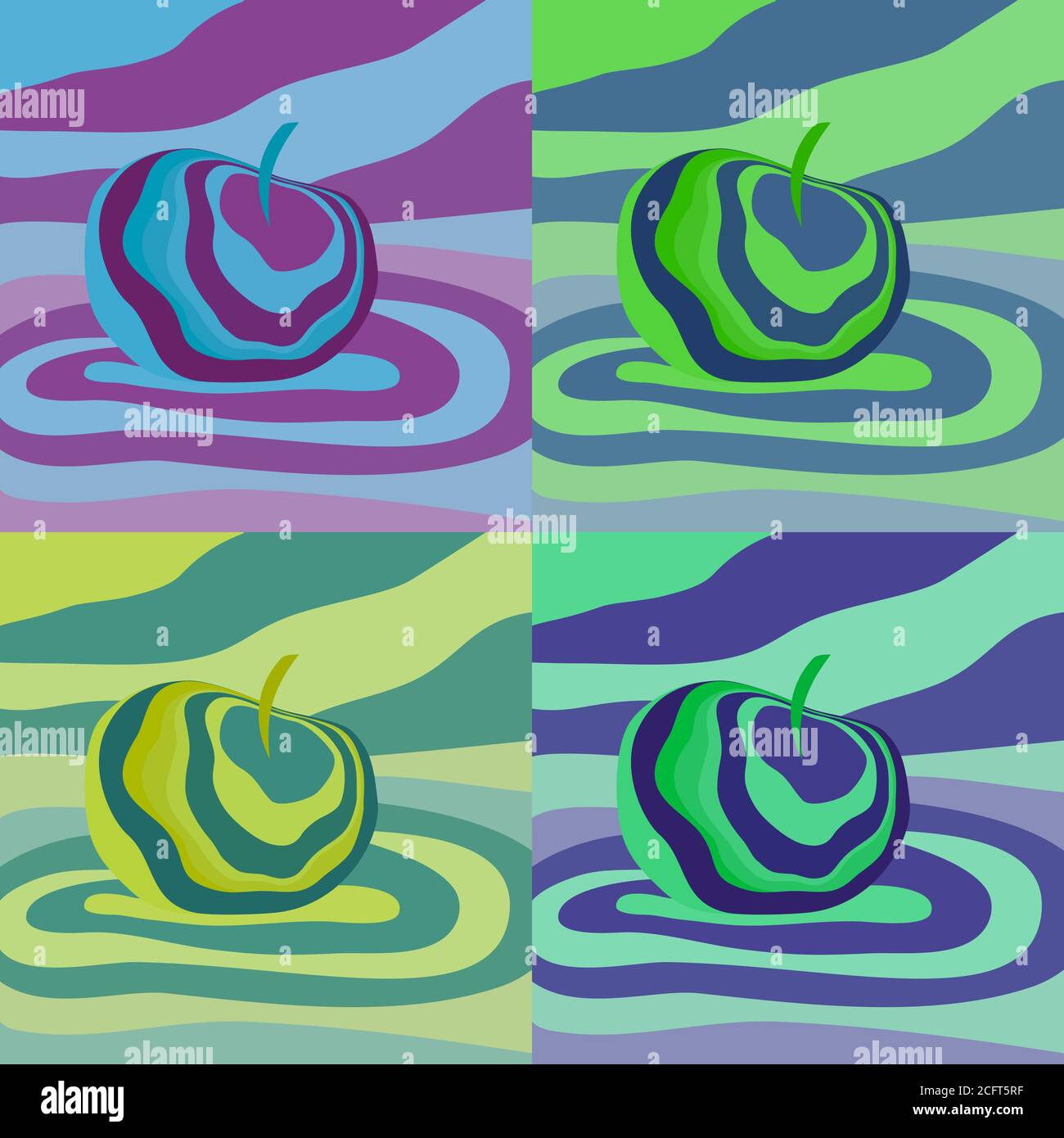 Apple fruit psychedelic pop art. Vector illustration optical illusion Colorful visualization Fantastic neon wavy striped Stock Vector