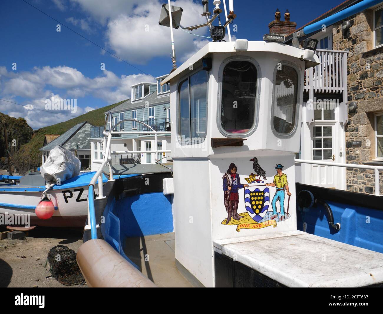 A Cornish coat of arms on display on a fishing boat at Mullion harbour, Cornwall. Stock Photo