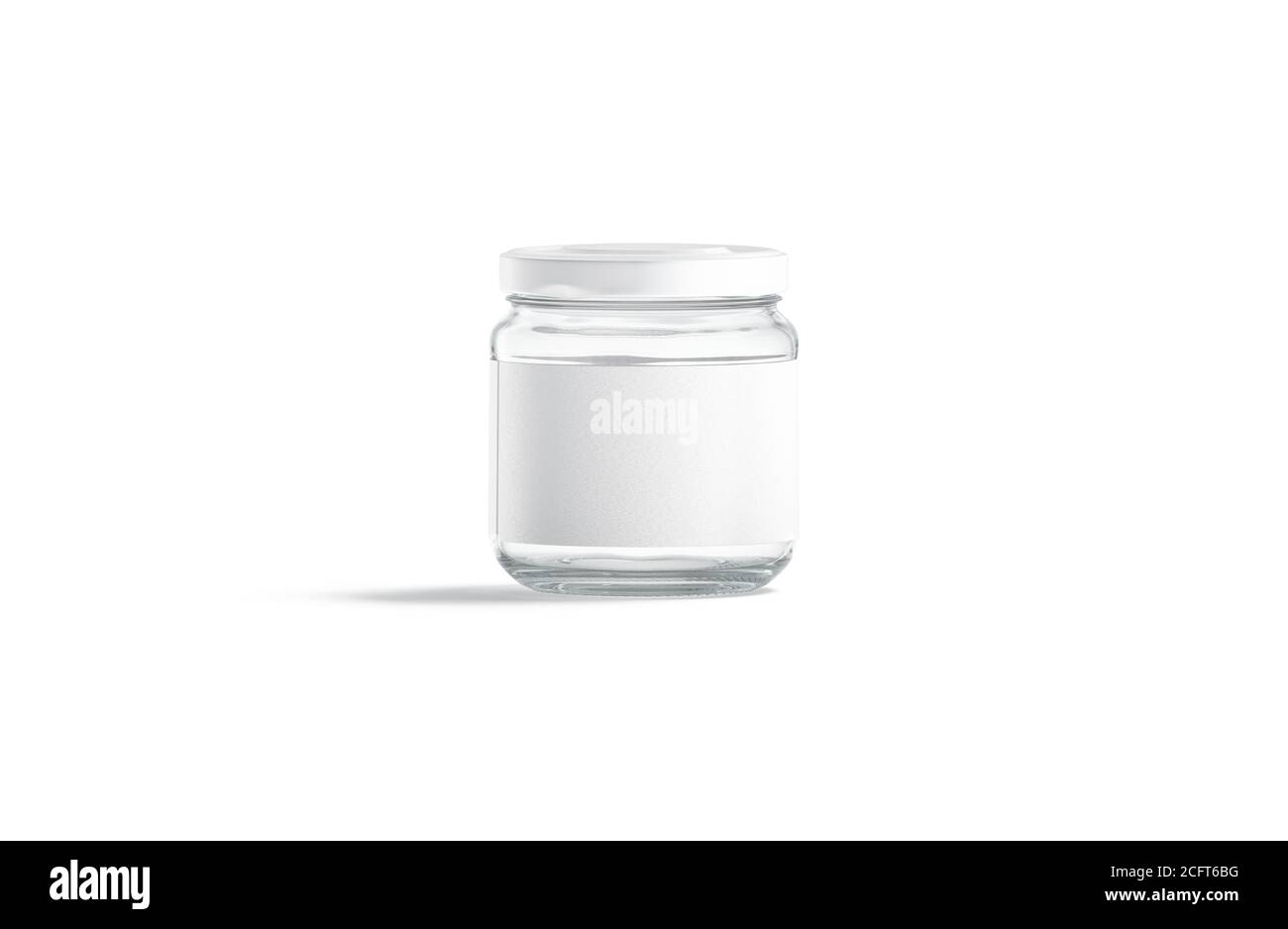 Blank small glass jar with white label mockup stand, isolated Stock