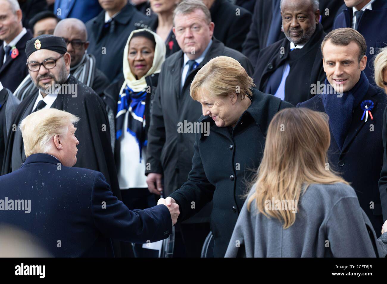 The Centennial of the 1918 Armistice Day Ceremony - Trump and Angela Merkel of Germany. President Donald J. Trump and First Lady Melania Trump attend the Centennial of the 1918 Armistice Day ceremony Sunday, Nov. 11, 2018, at the Arc de Triomphe in Paris. Stock Photo