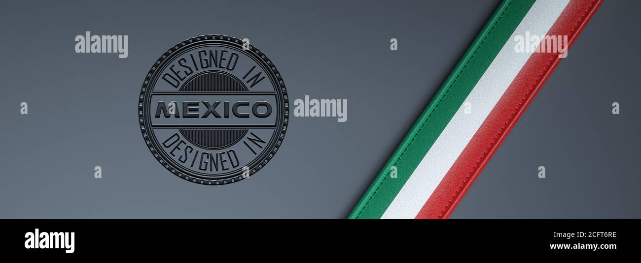 Designed in Mexico stamp & Mexican flag. Stock Photo