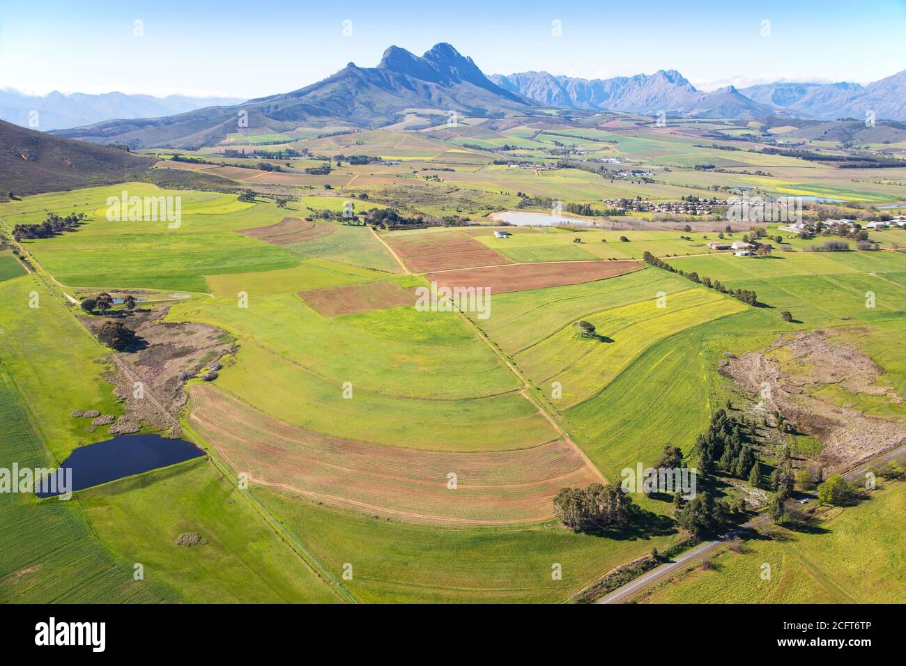 Cape Town, Western Cape / South Africa - 08/26/2020: Aerial photo of agricultural fields and mountains near Stellenbosch Stock Photo