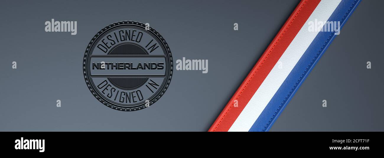 Designed in Netherlands stamp & Dutch flag. Stock Photo