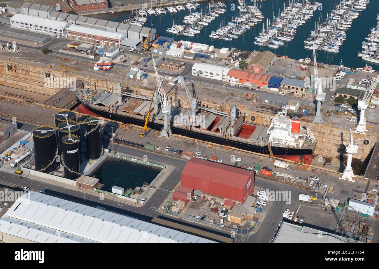 Cape Town, Western Cape / South Africa - 07/24/2020: Aerial photo of a vessel in the dry dock Stock Photo