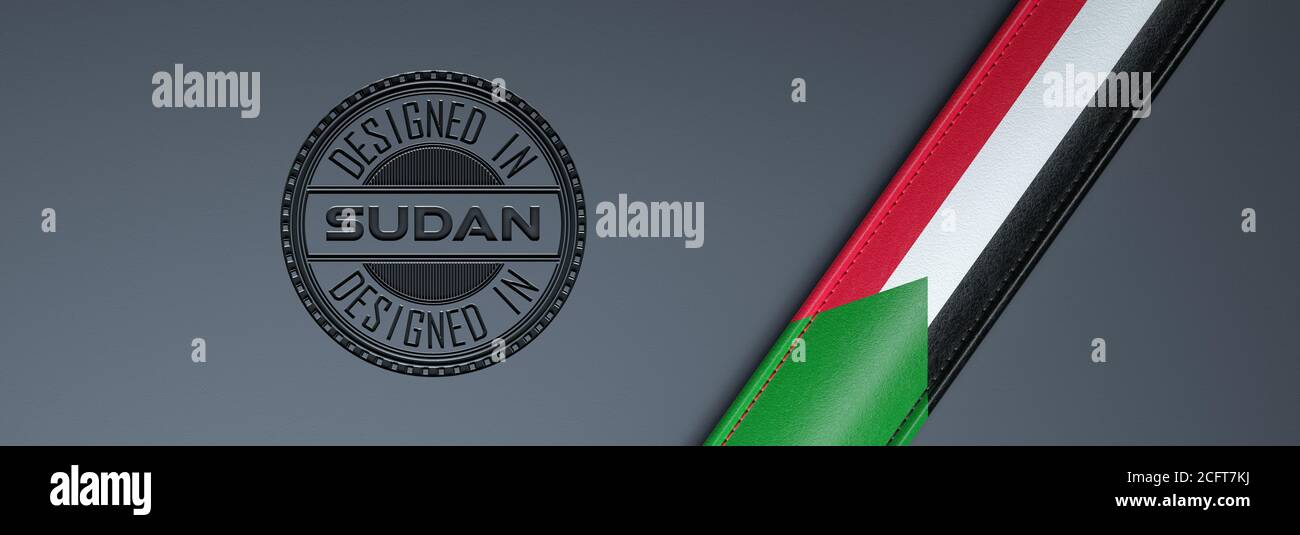 Designed in Sudan stamp & Sudanese flag. Stock Photo