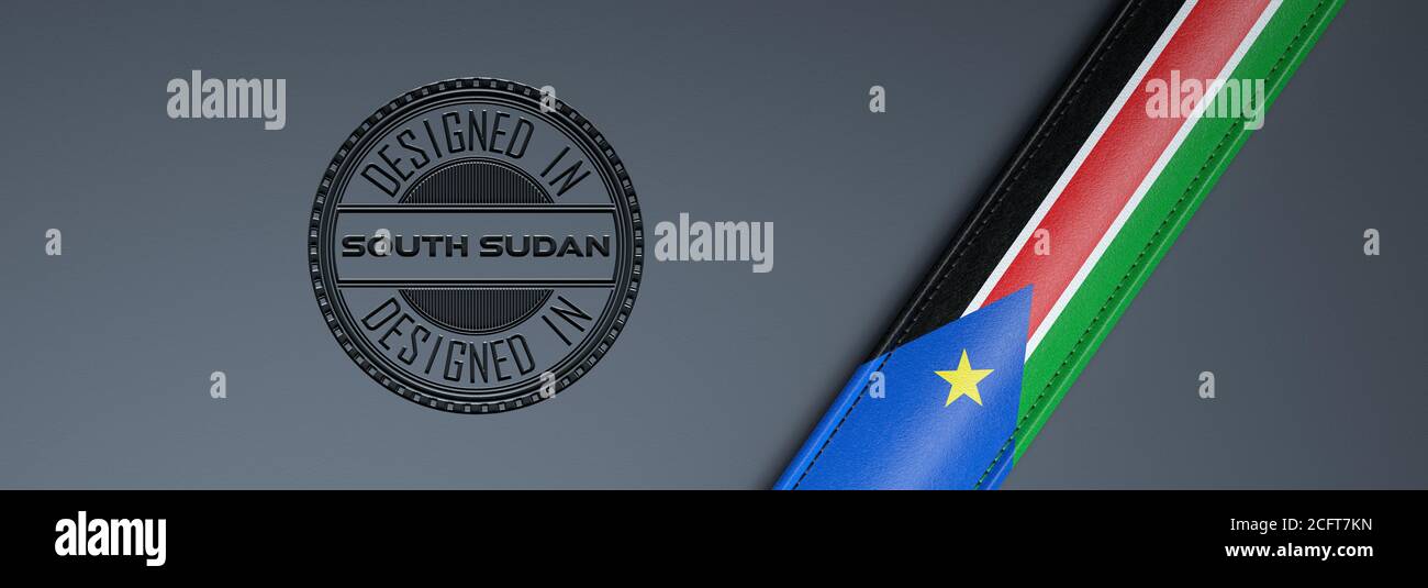 Designed in South Sudan stamp & South Sudanese flag. Stock Photo