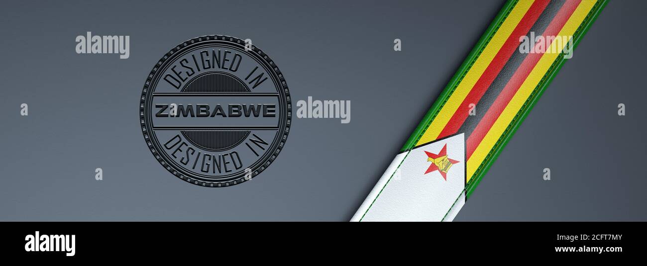Designed in Zimbabwe stamp & Zimbabwean flag. Stock Photo
