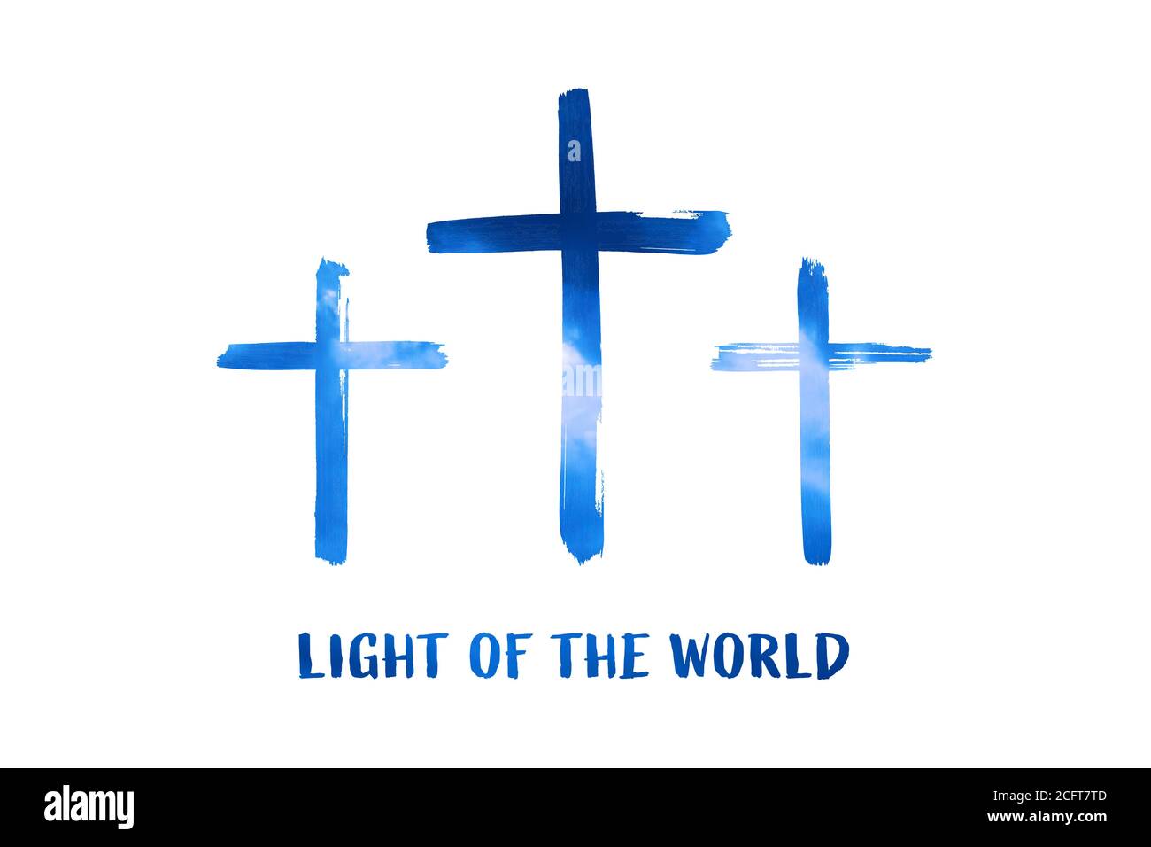 Christian worship and praise. Cloudy sky with three crosses and empty space. Text: Light of the world Stock Photo