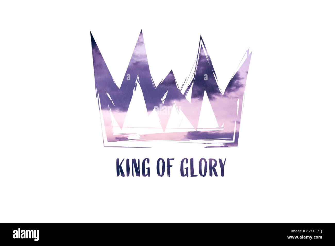 Christian worship and praise. Cloudy sky with crown and empty space. Text: KING OF GLORY Stock Photo