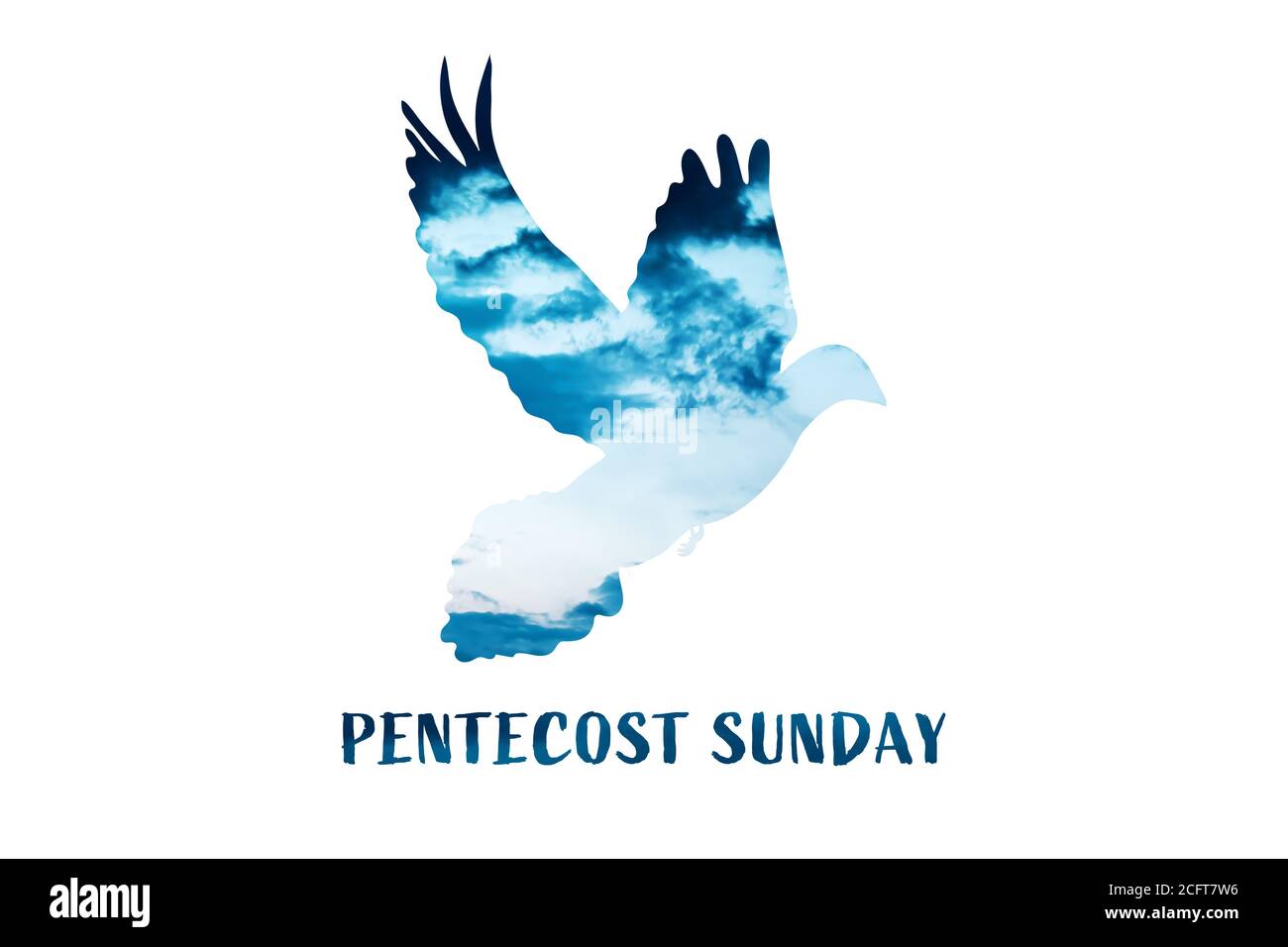 Christian worship and praise. Cloudy sky with dove and empty space. Text: PENTECOST SUNDAY Stock Photo