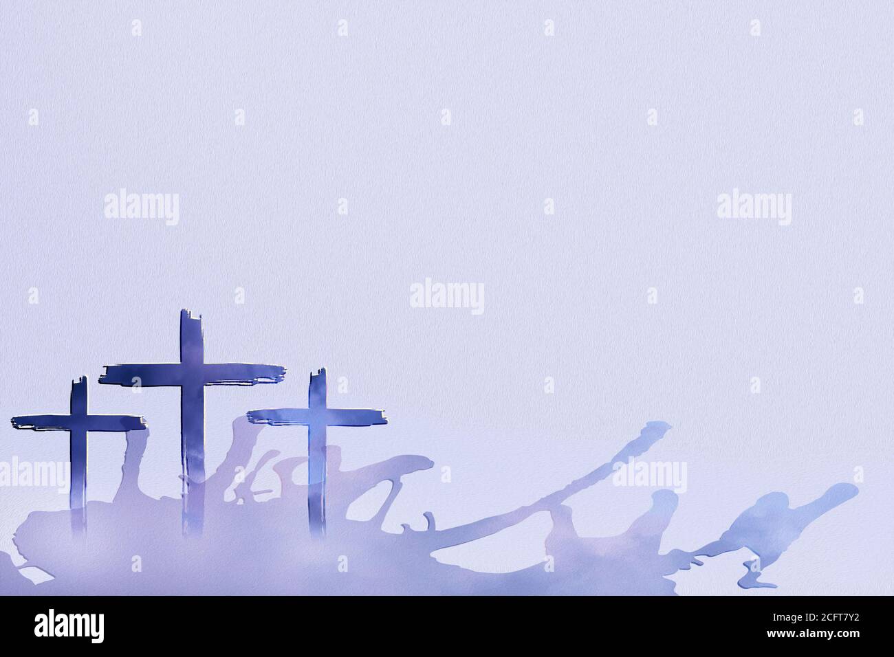 Christian worship and praise. Three crosses with cloudy sky background, water splashes and empty space. Stock Photo