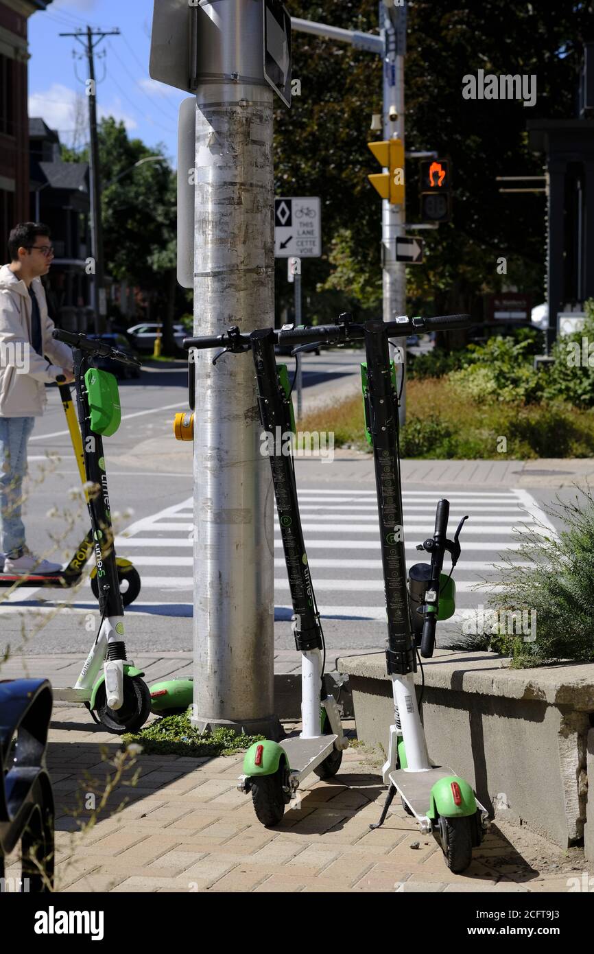 Lime escooters parked at a traffic crossing as part of a scooter