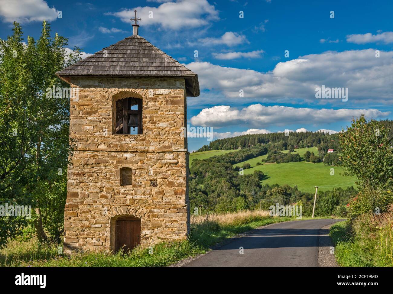 Bell tower at local road, hills in White Carpathians, near village of Lopenik, Zlin Region, Slovacko (Moravian Slovakia), Czech Republic Stock Photo